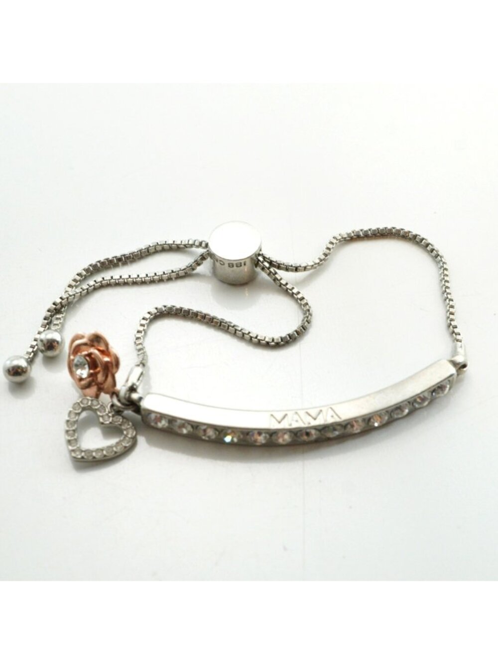 IBB CN Mama Clear Rhinestone Silver-Tone Sliding Bracelet Heart Rose Charms